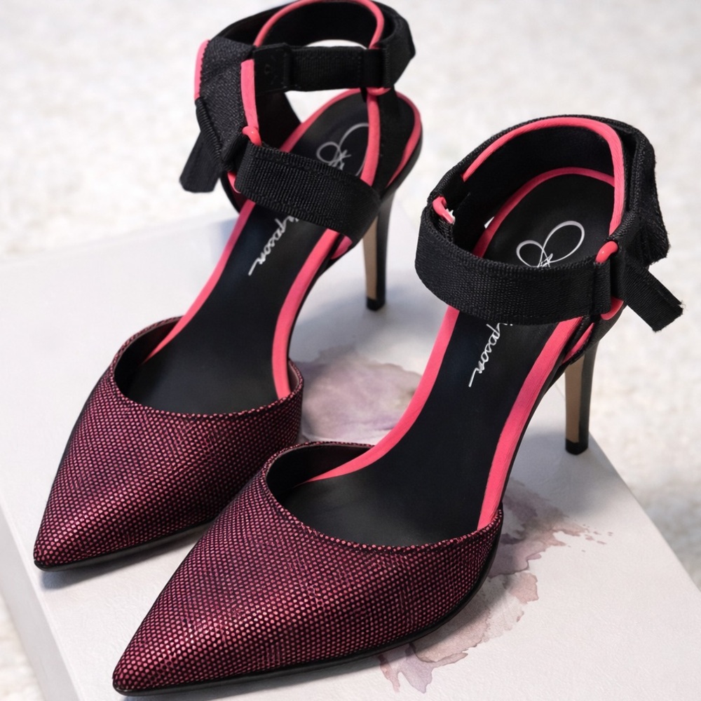 NEW Jessica Simpson Gazzela Pink Black Mesh Pointed Toe Stiletto Heels Sandals